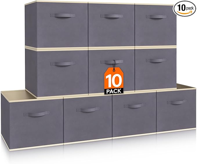 Lifewit Storage Cubes, Foldable Decorative Fabric Storage Baskets for Organizing Home Organizers with Handles for Shelves, Closet, 11 Inch Bins, 18L Gray, 10 Packs