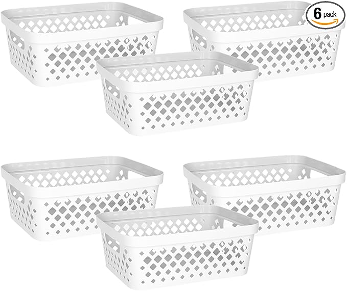 Glad Plastic Storage Basket Set, Value Pack of 6 | Open Storage Bins for Shelves, Bathroom, Pantry, Closet | Nesting Organizer Boxes with Handles, 2 Gallon, White