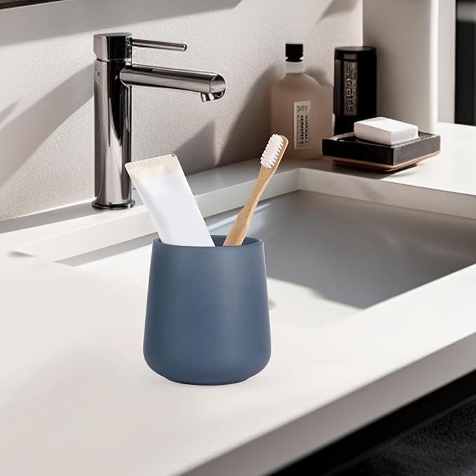 INGOFIN 12 oz Ceramic Toothbrush Holder, Toothpaste Holder and Cup for Bathroom Vanity and Countertop, Organizer for Cosmetic, Makeup, Office Pencils, for Hotel and Apartment, Matte Blue