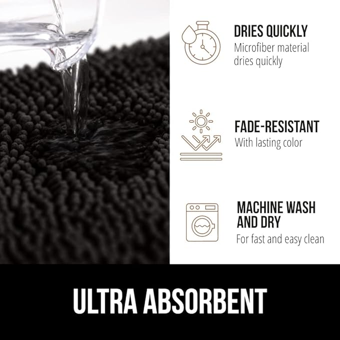 GORILLA GRIP Bath Rug Mat 42x24, Thick Soft Absorbent Chenille, Quick Dry Microfiber Mats, Rubber Backing Washable Shower Floor Rugs, Bathmat Runner, US Designed Bathroom Home Decor Accessories Black