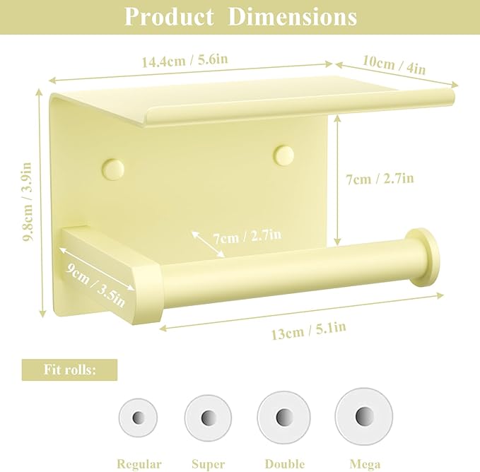 Tindbea Toilet Paper Holder with Phone Shelf, Adhesive or Screw Wall Mount Toilet Tissue Roll Holder, Rustproof & Multifunctional Stainless Steel Bathroom Storage Dispenser (Sunlight Yellow)