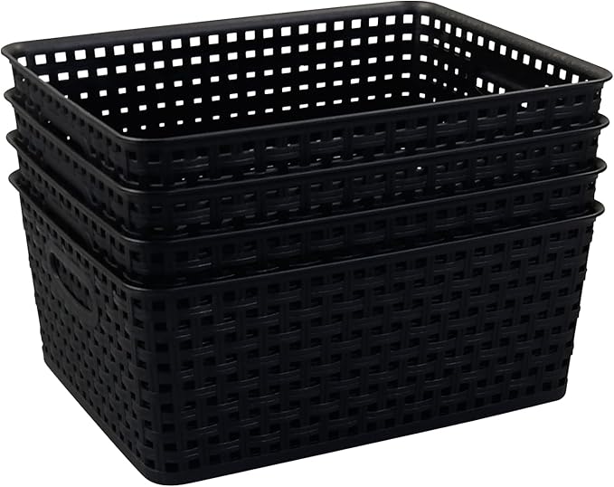 Obstnny Plastic Weave Storage Basket 4 Pack, Kitchen Pantry Organzing Basket Bin, Black