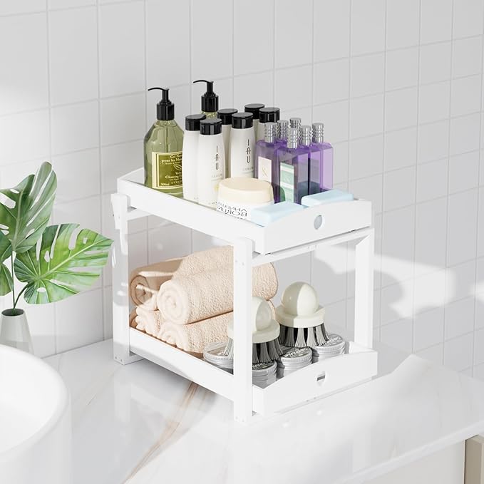 2 Pack Under Sink Organizer, Bamboo Wooden 2-Tier Pull-Out Storage with Sliding Drawers for Kitchen and Bathroom Cabinets, Easy Installation (White)