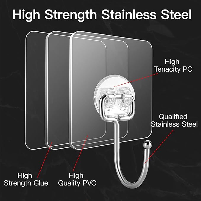 Large Adhesive Hooks for Hanging Heavy-Duty 44Ib(Max) 30 Packs, Wall Hangers without Nails Self-Adhesive Traceless Clear and Removable, Waterproof and Rustproof Multiple Uses for Bathroom Kitchen Home
