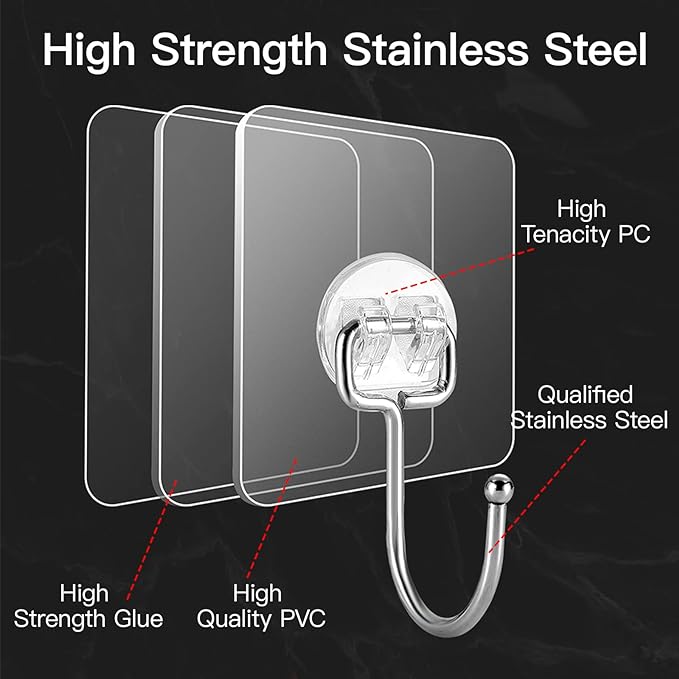 Large Adhesive Hooks for Hanging Heavy-Duty 44Ib(Max) 20 Packs, Wall Hangers without Nails Self-Adhesive Traceless Clear and Removable, Waterproof and Rustproof Multiple Uses for Bathroom Kitchen Home