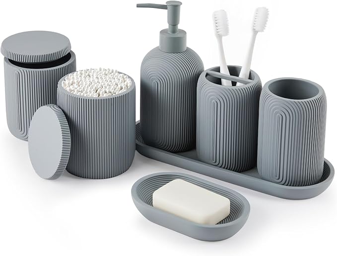 Bathroom Accessories Set - 7-Piece Resin Bathroom Set, Toothbrush Holders Set, Soap Dispenser, Qtip Holder Dispenser, Tumbler, Soap Dish & Tray, Modern Bath Decor for Home Dorm Hotel (Grey)