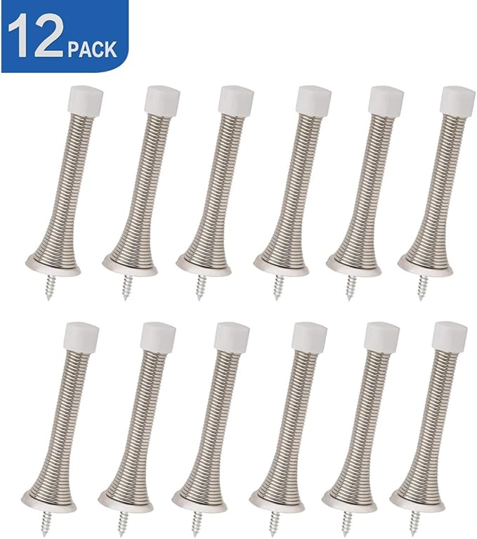 HOMOTEK 12 Pack Spring Door Stopper with Rubber Bumper 3-1/8" Flexible Heavy Duty Wall Door Stop Low Mounted Bumper for Home (Satin Nickel)