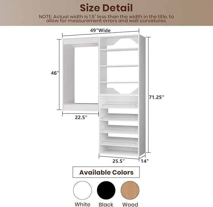 ROOMTEC Modular Closet System, 49" Wall Mounted Closet Organizer with Hanging Rods and Shoe Shelf, Wooden Tower for Walk-In Closets, Wardrobe Storage Kit, White