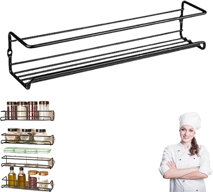 No-Drill Wall-Mounted Spice Rack, Carbon Steel Wall-Mounted Kitchen Spice Rack, Kitchen Hanging Condiments Storage, Wall-Mounted Spice Rack for Cabinet Door Storage, For Kitchen Organization (Small)