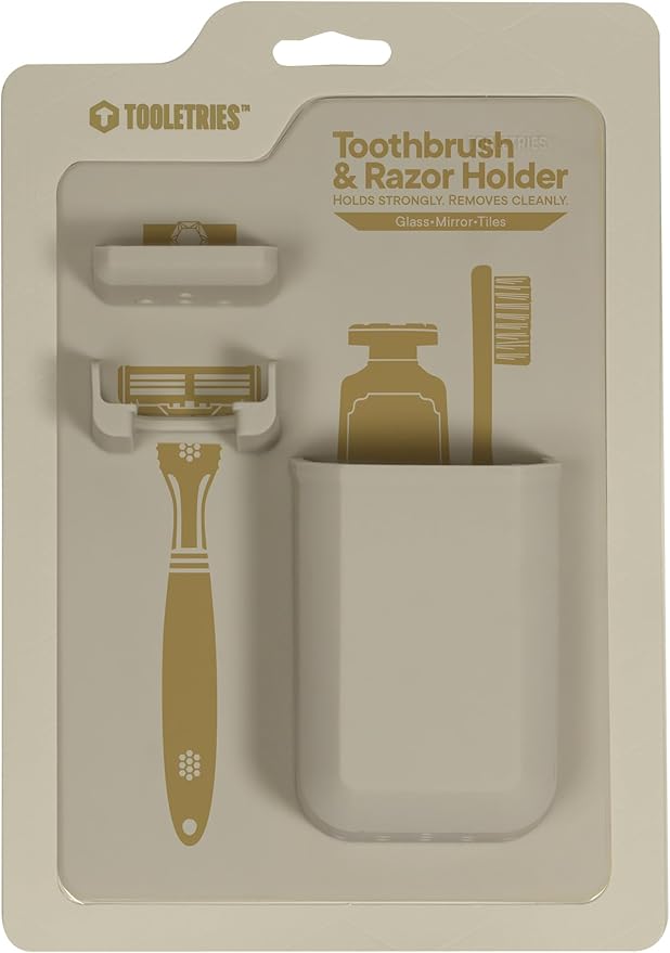 TOOLETRIES The Harvey Toothbrush & Razor Holder - Silicone Shower Organizer, Toiletries & Toothbrush Holder for Shower, Bathroom Accessory - Silicone-Grip Technology, Removable & Reusable - Sand