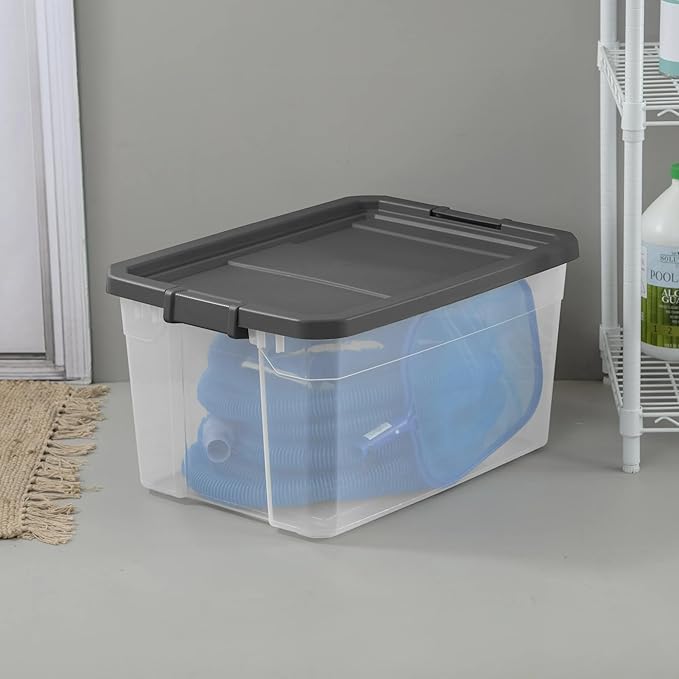 76 Quart Heavy-Duty Stacker Box – Clear Plastic Storage Bin with Secure Latch Lid, Ideal for Home, Garage, Closet & Basement Organization, Dark Gray (2)