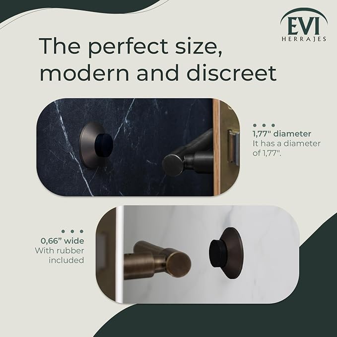 EVI Hardware | Adhesive Door Stop | Wall Mounting | 1.77 x 0.66 | Rustic Brass | White and Black Rubber Included | Adhesive or Screw Installation | Modern Conical Design