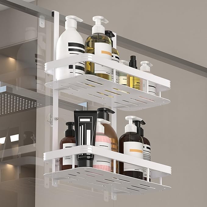 Over Door Shower Caddy, White Rustproof Bathroom Organizer, 2-Tier Storage Rack, 11.81x5.31 Inch Shelves, No Drilling Required