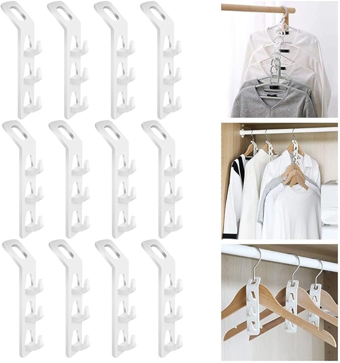 Space Saving Clothes Hanger Hooks, Multi Function Cabinet Organizer with 3 Hooks per Hanger, Connectable Wardrobe Space Saver for Pants Bags Accessories, Heavy Duty Thick PP
