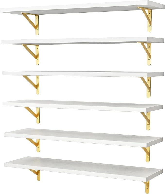 YGEOMER 23.6 Inch Floating Shelves for Wall, Farmhouse Wall Shelves for Bedroom, Bathroom Storage, Living Room and Kitchen Decor (Set of 6 White)