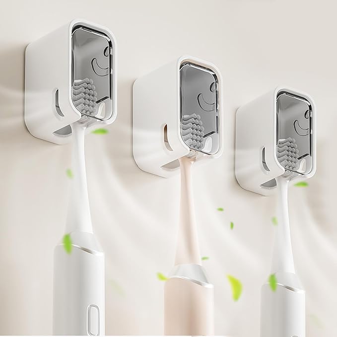 3 Pack Toothbrush Holders for Bathroom, Self Adhesive Wall Mounted Toothbrush Holder with Cover, Single Toothbrush Dispenser Storage Organizer for Family, Travel, Waterproof and Dustproof (Grey)