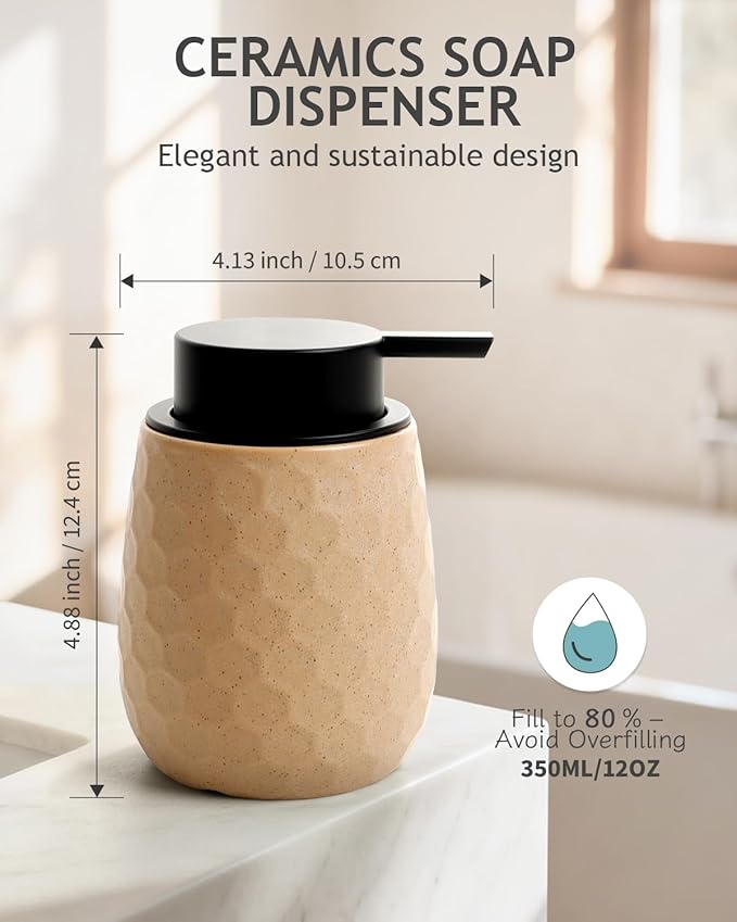 Foaming Soap Dispenser, 12OZ Ceramic Foam Hand Soap Dispenser with Honeycomb Design for Kitchen or Bathroom, Khaki Refillable Dish Lotion Dispenser, ANTIS'S HOME