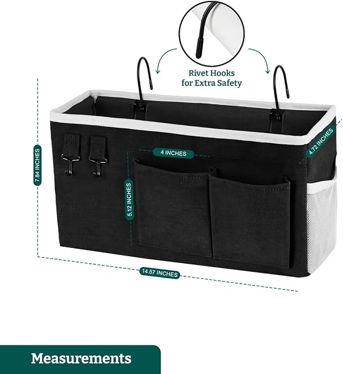 ADVANCELLPRO Bedside Caddy Organizer Hanging Storage Bag with Pockets for Books, Magazines, Phone, Tablet & Water Bottle – Bedside Storage for Dorm, Bunk Beds, Hospital Beds & Cribs, Black