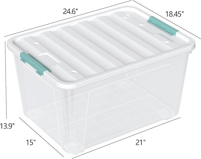 Tyminin 4-Pack 85 Quart Plastic Storage Bin, Stackable and Nestable Storage Boxes with White Lids and Secure Latching Buckles, Large Storage Container