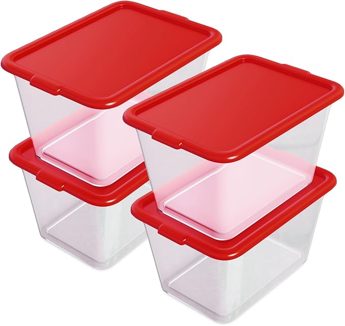 Storage Totes with Lids - Made in USA 14.5-Gallon (58-Quart) 4-Pack Clear Plastic Red Storage Bins Storage Containers Large Storage Boxes Organizer for Home, Office, and Garage Clear/Red