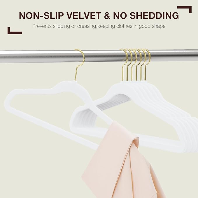 Korpai 50 Pack White Velvet Hangers,Coat Hanger Non Slip,Heavy-Duty,Space Saving,Slim Clothes Hangers for Pants,Outfit,Skirts,Suits,Coats,Dresses ect.Felt Hangers with Gold 360°Swivel Hook