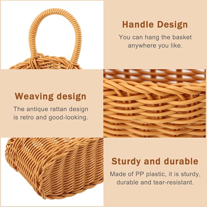 EKDJKK 2 Pcs Plastic Hanging Storage Baskets, Pantry Simulate Wicker Basket, Wall Mount Basket with Hook, Decorative Baskets for Organizing, Small Woven Baskets for Kitchen Bathroom(Brown)