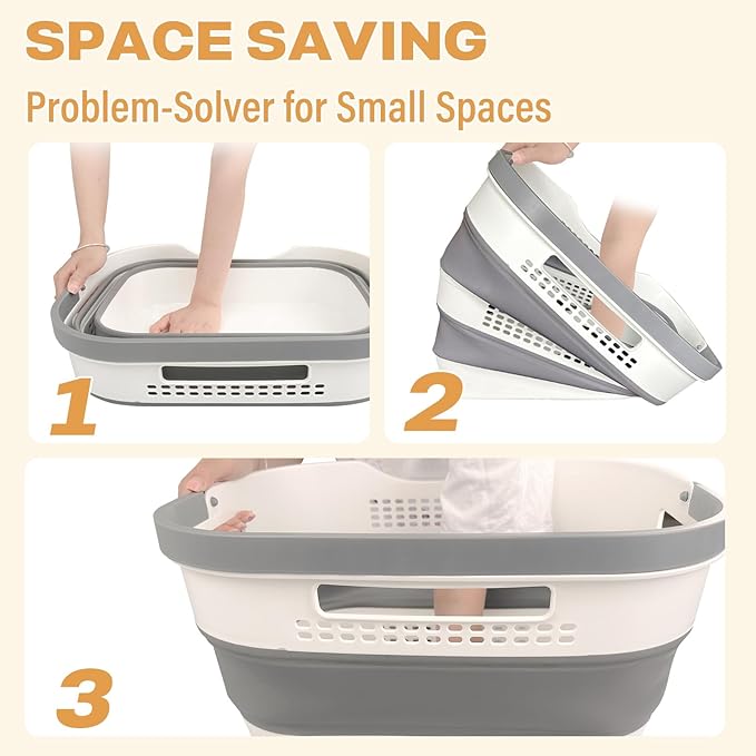 43L+43L Collapsible Laundry Baskets plastic, Pop Up Laundry hamper/Storage Container, Foldable Laundry Basket with Handles, Durable,Space Saver (Grey, 2 Packs)