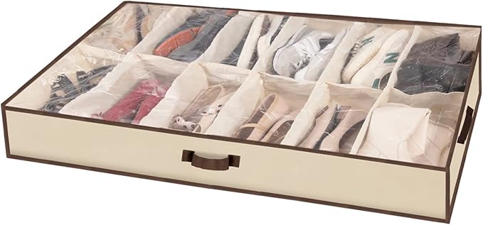 Men/Adults 12 Cells See Through Underbed Shoe Storage Bag Organizer with black and white flower (beige)