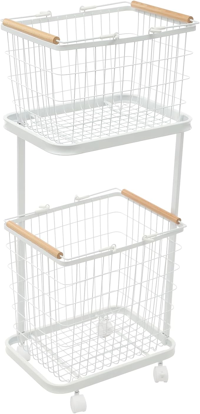Laundry Basket with Wheels, 2 Tier Removable Wire Laundry Cart, Vertical Laundry Sorter, Rolling Hamper Dirty Clothes Hamper Organizer for Laundry Room, Bathroom, Bedroom, School (White)