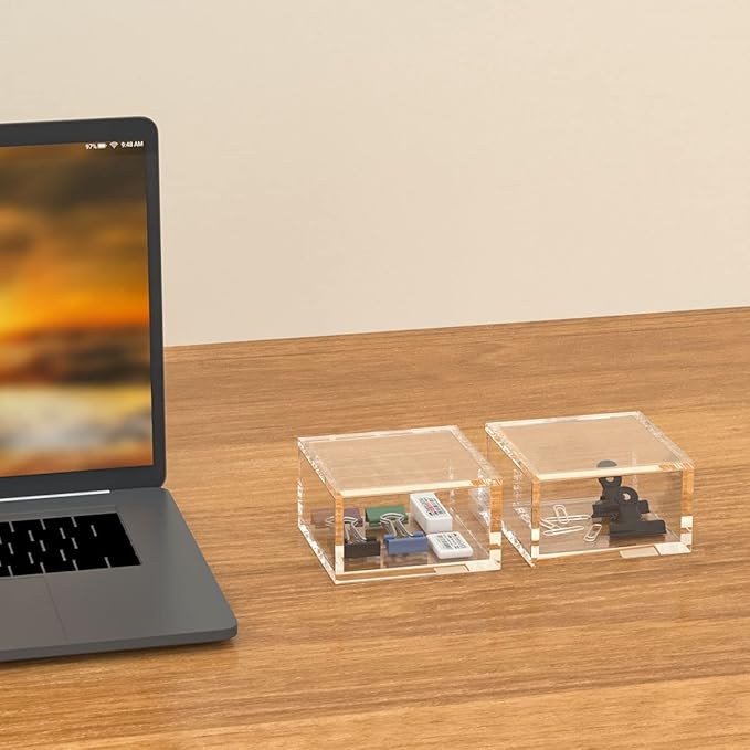 AITEE Acrylic Box with Lid, Clear Cube Display Case, Multi-Purpose Box Square Container for Holding Staples, Highlighters, Adhesive Tape, Paper Clips, Stamps, Display in Office or Home (Medium)