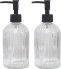Clear Glass Soap Dispenser with Pump, 2 Pack 13.5oz Bathroom Soap Dispenser with Vertical Stripe for Hand Wash and Dish Wash, Elegant Refillable Hand Dispenser for Dishwashing Liquid, Lotion