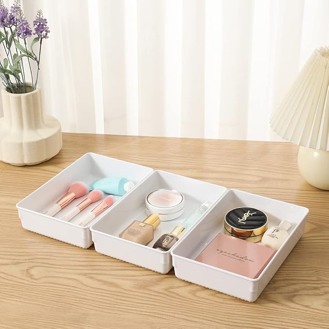 ihomecooker 3 Pack White Plastic Drawer Organizer Tray Cutlery Utensil Makeups Drawer Organizers 9" X 6"