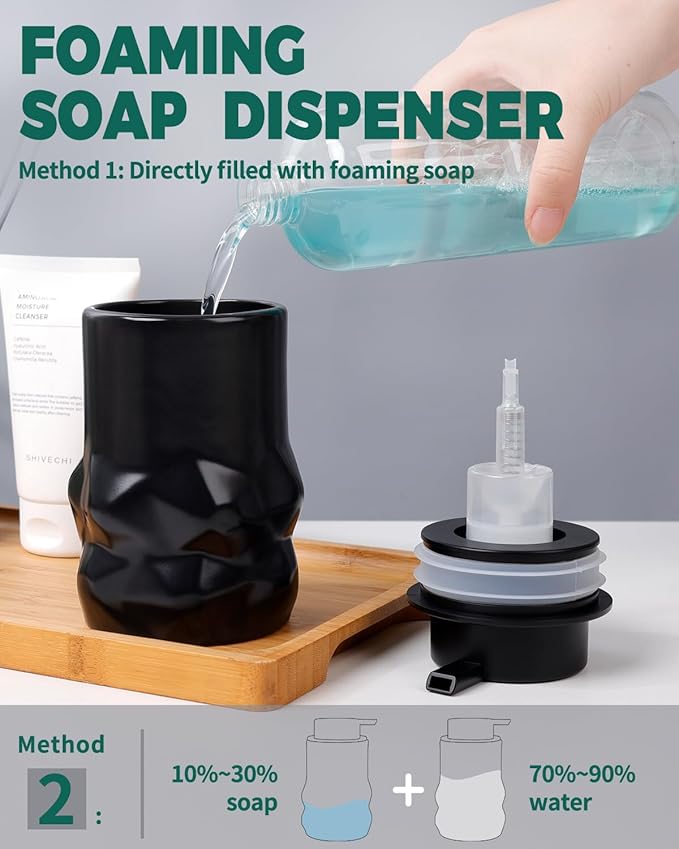 BosilunLife Hand Soap Dispenser - Foam Soap Dispenser Bathroom Ceramic Dish Liquid Soap Dispenser for Kitchen, Bathroom Countertop Soap Dispensers (Black-Foam-Sculpt)