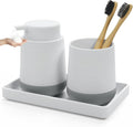 White Bathroom Countertop Accessories Set - Soap Dispenser and Toothbrush Holder with Silicone Boot,Vanity Tray (White Foam)