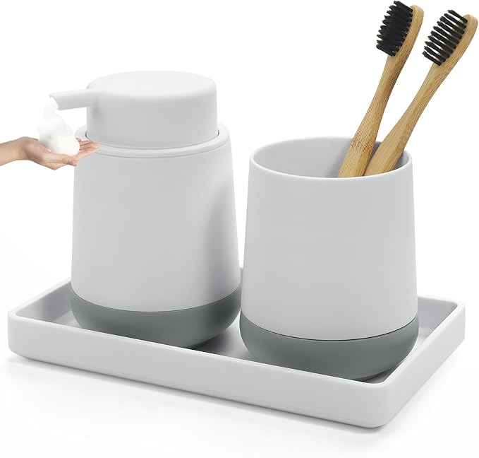 White Bathroom Countertop Accessories Set - Soap Dispenser and Toothbrush Holder with Silicone Boot,Vanity Tray (White Foam)
