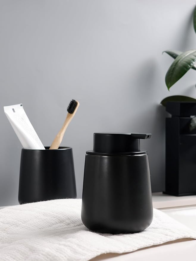 Bosilunlife Soap and Toothbrush Holder Set - Ceramic Bathroom Accessories Set Black Liquid Hand Soap Dispenser Set for Bathroom Toothbrush Holder and Soap Dispenser Set