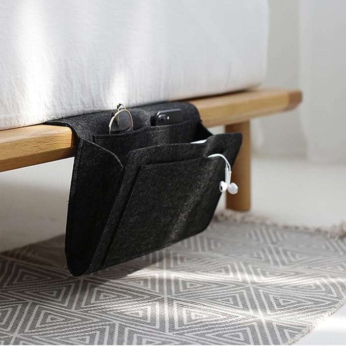 Bringsine 5 Pockets Bedside Caddy, Felt Bed Storage Organizer Hanging Bag Holder for Magazine Book Phone Tablet iPad Cables Remote and Glasses Holder Home Dorm Bed Sofa-Black