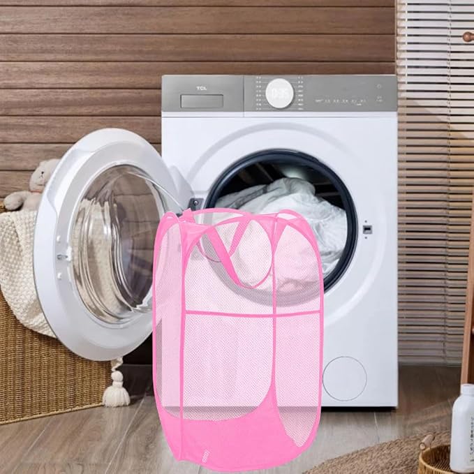 Pop Up Laundry Hamper Reinforced Collapsible Laundry Basket Foldable Clothes Hamper for Home, Dorm Room, Travel, Cruise, Pink