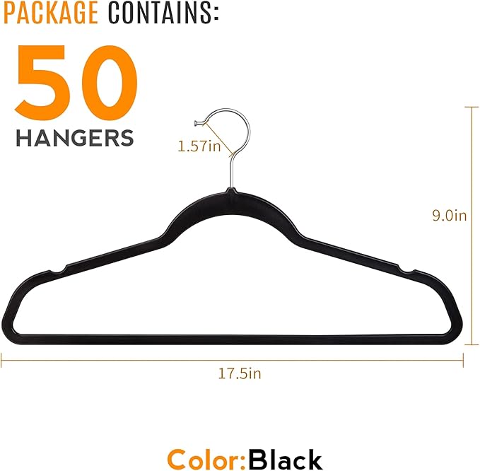 TIMMY 50 Plastic Hangers 17.7 Inch - Velvet Non-Slip, Space Saving Closet Organizers, Heavy Duty Slim Hangers for Pants, Shirts, Coats (Black, Ultra Thin & Durable)