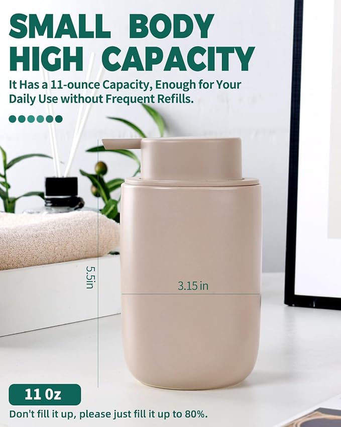 BosilunLife Foam Soap Dispenser - Ceramic Foaming Hand Wash Dispenser for Bathroom Modern Farmhouse Small Soap Dispenser Lotion Hand Pump Dispenser for Kitchen Sink (Khaki, Foam Pump)