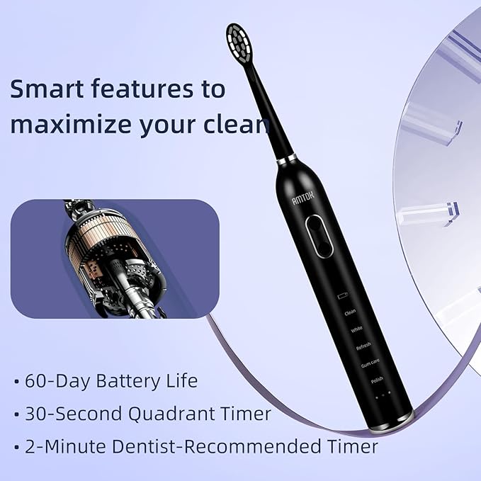 CWX Sonic Electric Toothbrush Wireless Fast Charging, 5 Cleaning Modes, 3 Intensity Settings, 60 Days Battery Life, 2 Min Smart Timer, 4 Brush Heads & Travel Case IPX7 Waterproof