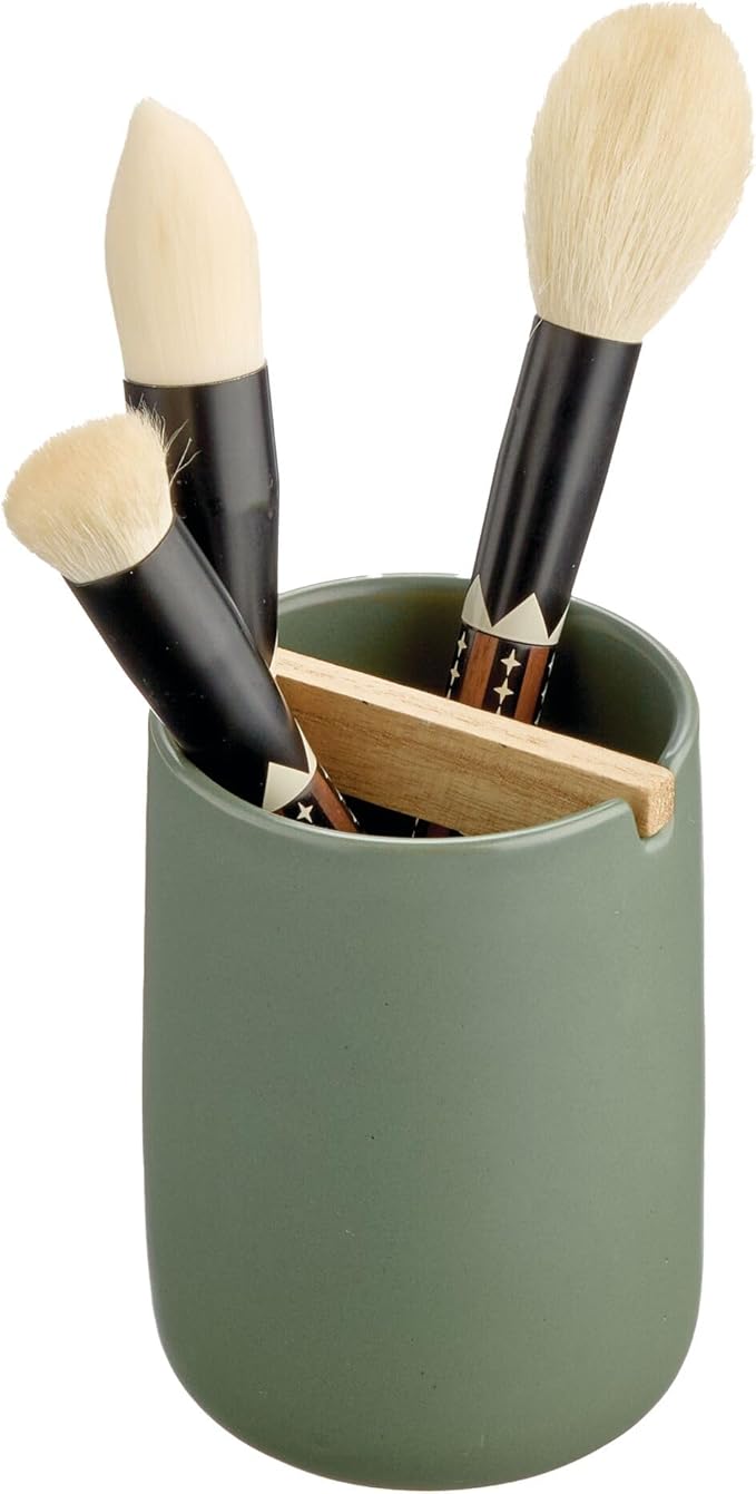 iDesign Ceramic Earth Collection Toothbrush Holder with Paulownia Wood Divider, Moss/Natural Wood