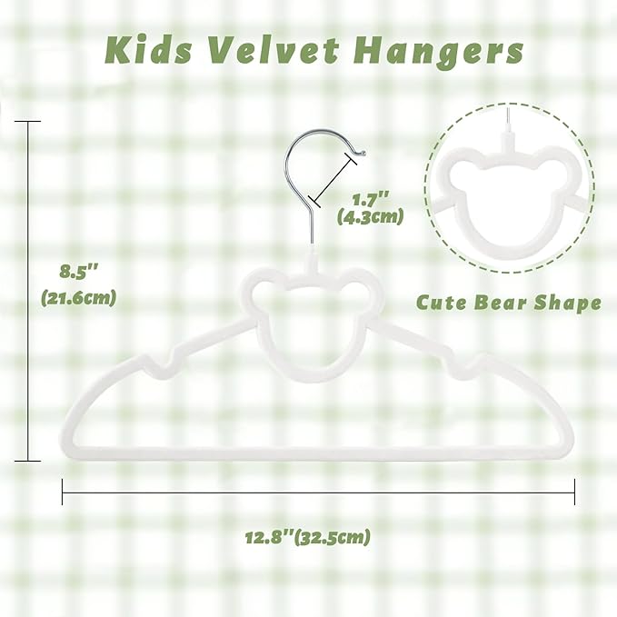 ManGotree 12.8" Kids Velvet Hangers, Non-Slip Felt Baby Clothes Hanger, Cute Bear Hanger for Nursery, Space Saving Toddler Hangers for Children's Closet (20 Pack, White)