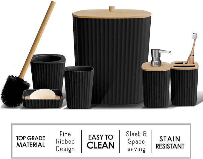 Clara Clark Bathroom Set - Black Bathroom Accessories Set, 6PC Bathroom Accessory Set, Bathroom Sets with Bathroom Rugs, Toilet Brush, Trash Can & Soap Dispenser