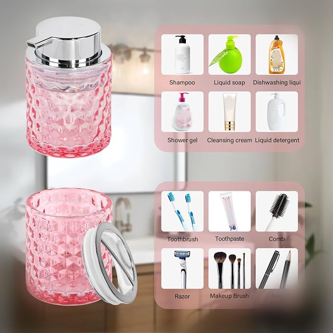 Bathroom Accessories Set, 3pcs Pink Glass Bathroom Accessory Set,Toothbrush Holder, Foaming Soap Dispenser and Tumbler, Silver Bathroom Decor Sets for Organizer, Home Apartment Gift