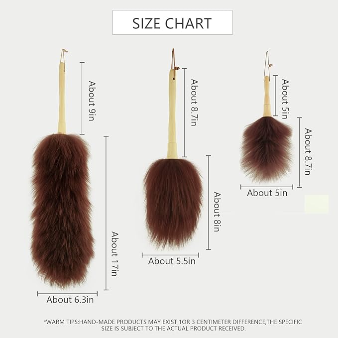 Lambswool Duster 14'' Length Solid Wooden Handle Leather Hang Strap for Cleaning Ceiling Fans Window Blinds Computer Furniture Figurines TV Natural Feather Duster,Brown