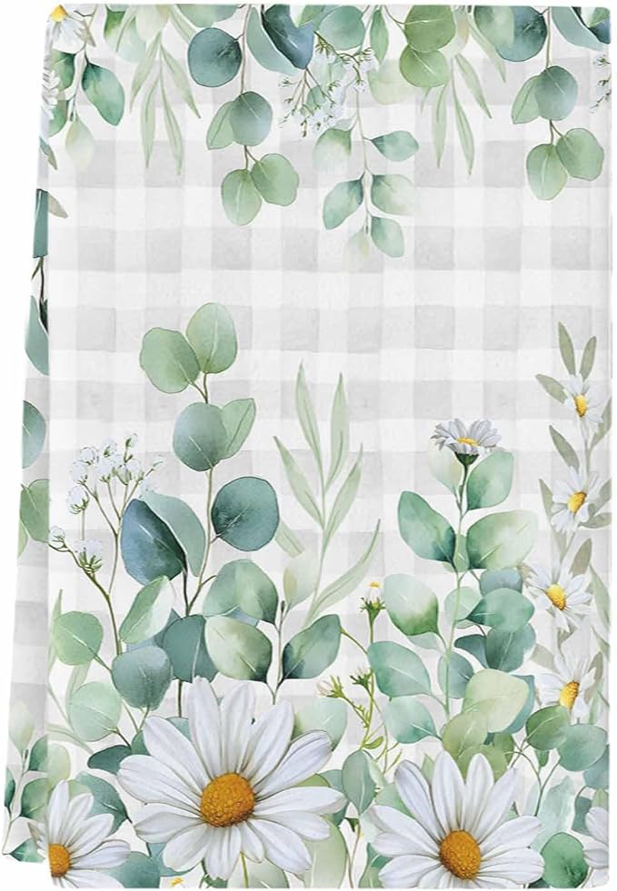 Microfiber Kitchen Towel, Green Eucalyptus Leaves Soft Absorbent Dish Towels, Daisy Summer Botanical Watercolor Plaid Quick Drying Washable Dishcloths for Kitchen Cleaning, Drying Dishes, 18x28 Inches