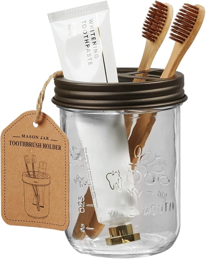 Amolliar Mason Jar Bathroom Accessories Set (4 Pcs) - Lotion Soap Dispenser & 2 Cotton Swab Holder & Toothbrush Holder-Rustic Farmhouse Decor, Countertop Vanity Organize, Bathroom Home Decor (Bronze)