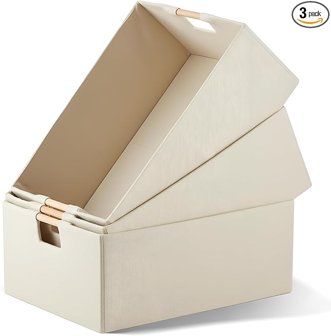 3 Pack Fabric Storage Bins for Closet Shelves, Rectangle Wardrobe Organizer with Handle, Collapsible Shelves Storage Basket for Sorting Clothes and Toy (Beige,15 x 10.6 x 6 Inch)