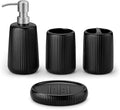 vancasso Ceramic Bathroom Accessories Set 4 Piece, Soap Dispenser with Stainless Steel Pump, Toothbrush Holder, Tumbler and Soap Dish, Modern Relief Design, Bathroom Decor Organizer, Black